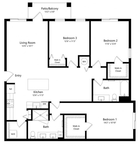 Three Bedroom Floor Plan with 1,440 Sq. Ft. at Boca Vue Luxury Apartments in Boca Raton, FL